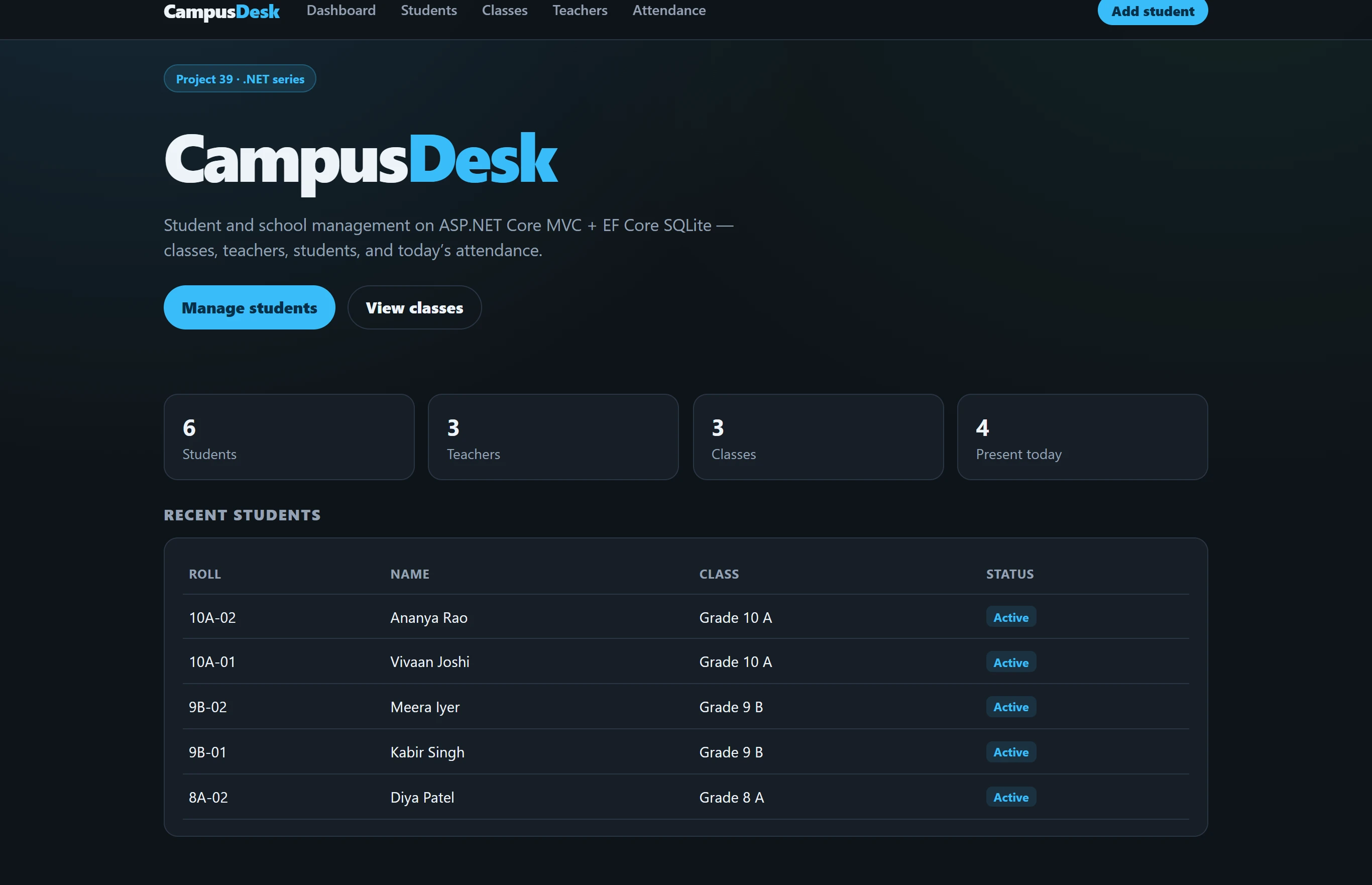 Student / School Management — ASP.NET Core (MVC + EF Core)