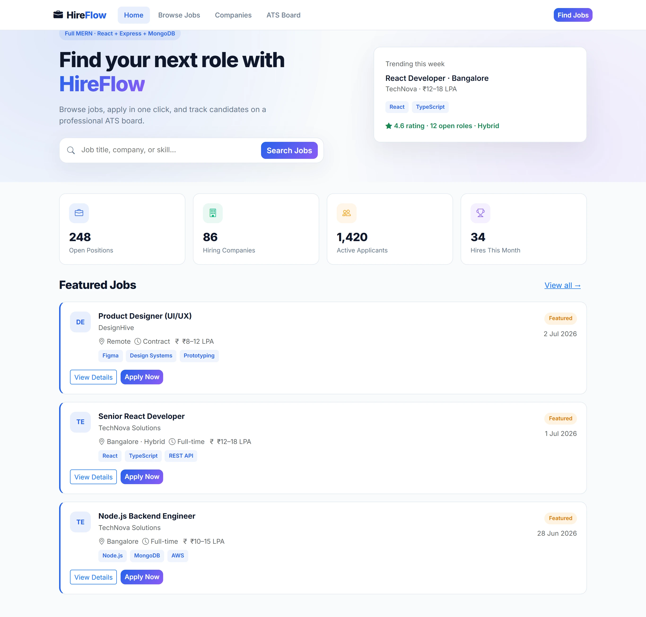 Job Portal + ATS — Full MERN (React + Express + MongoDB)
