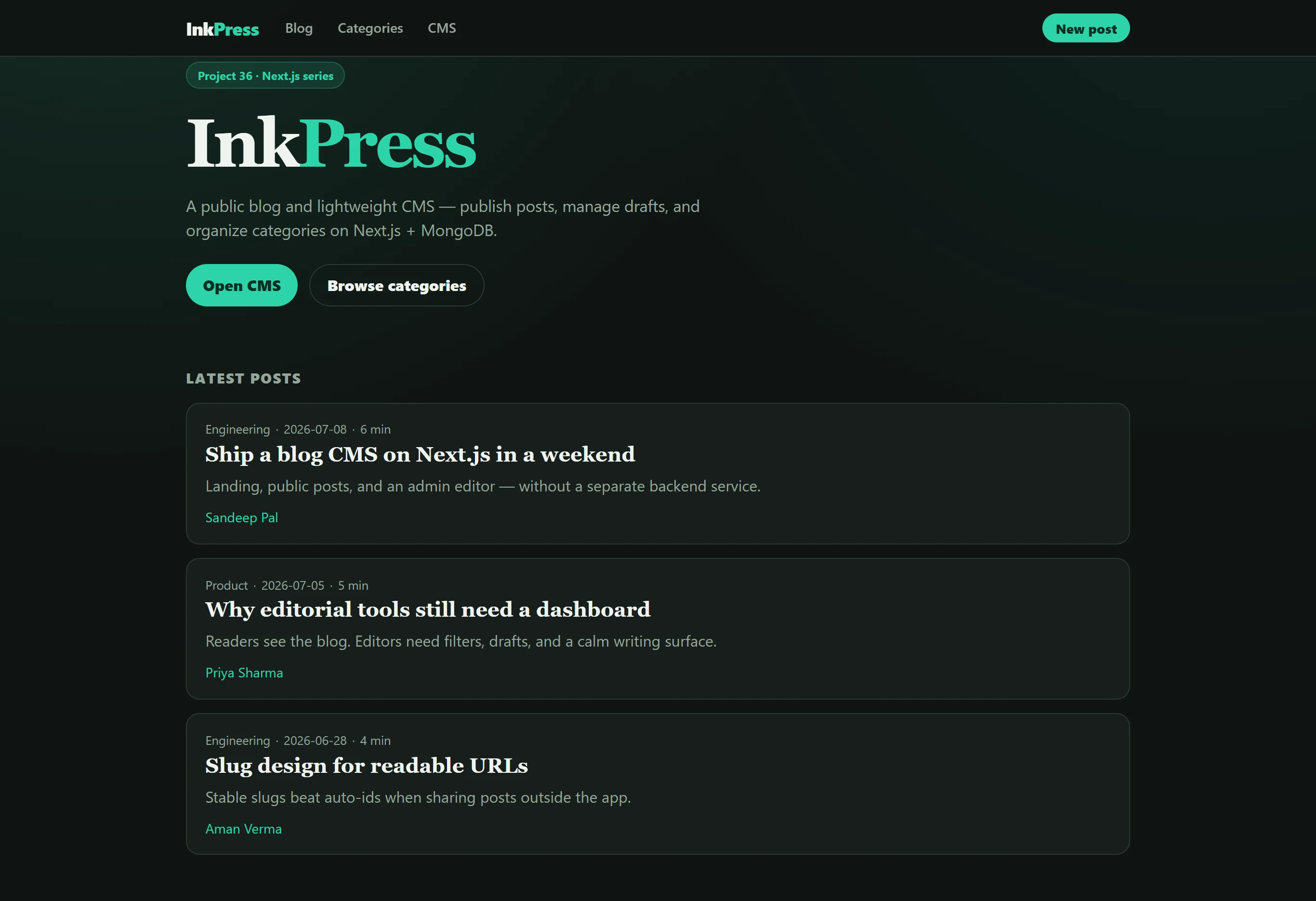 Blog / CMS — Next.js (App Router + MongoDB)