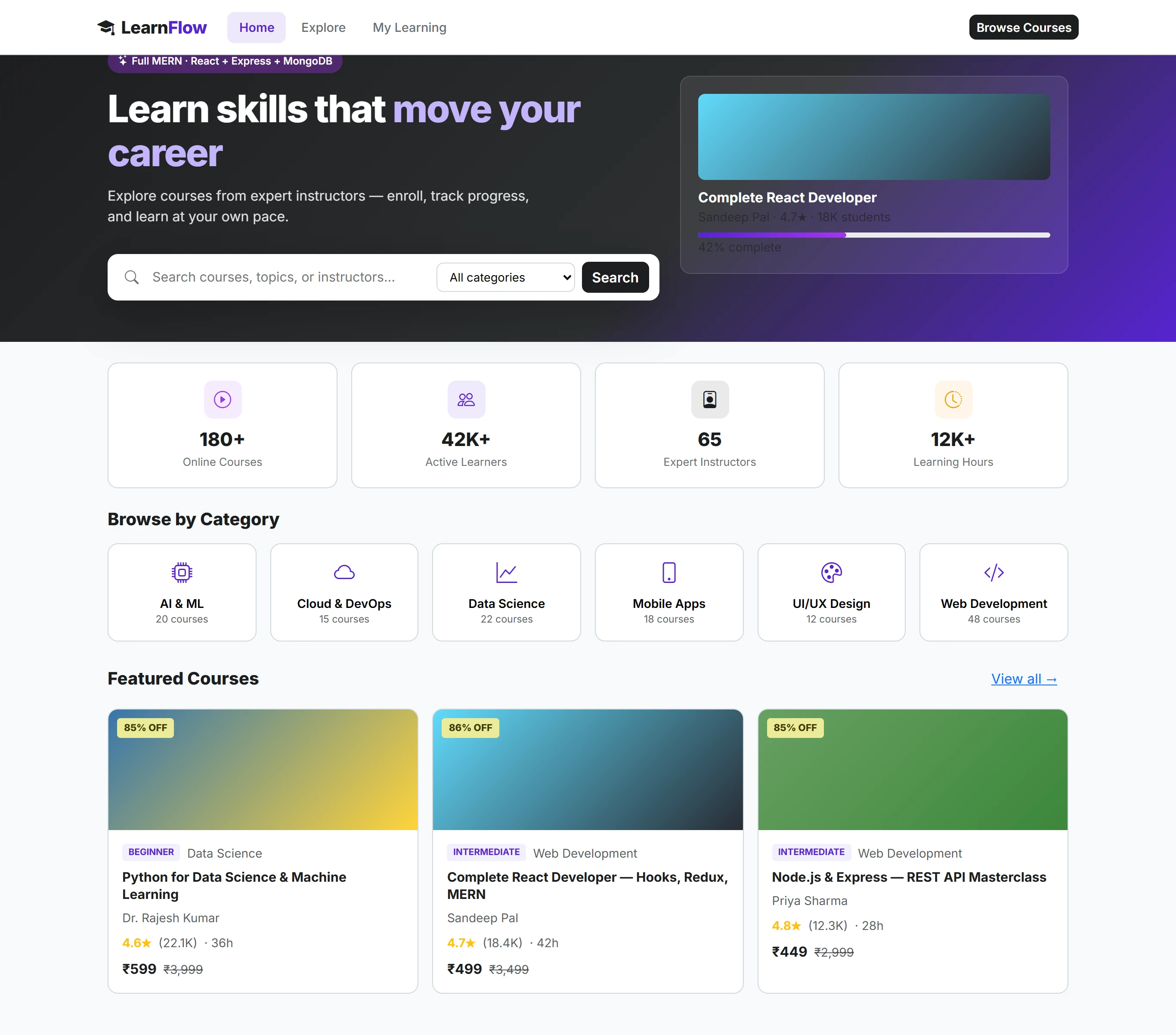 LMS (Udemy Clone) — Full MERN (React + Express + MongoDB)