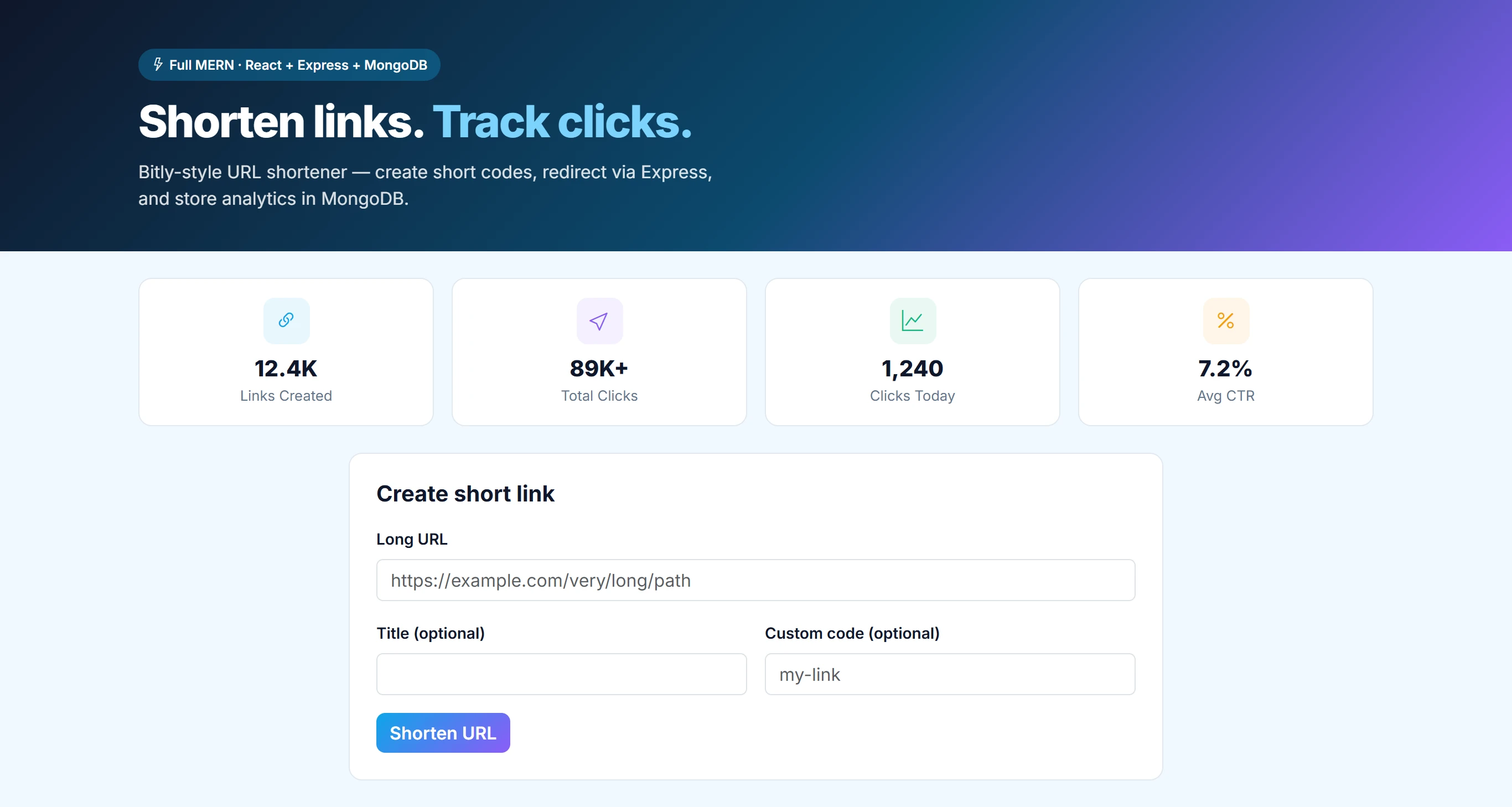 URL Shortener — Full MERN (React + Express + MongoDB)