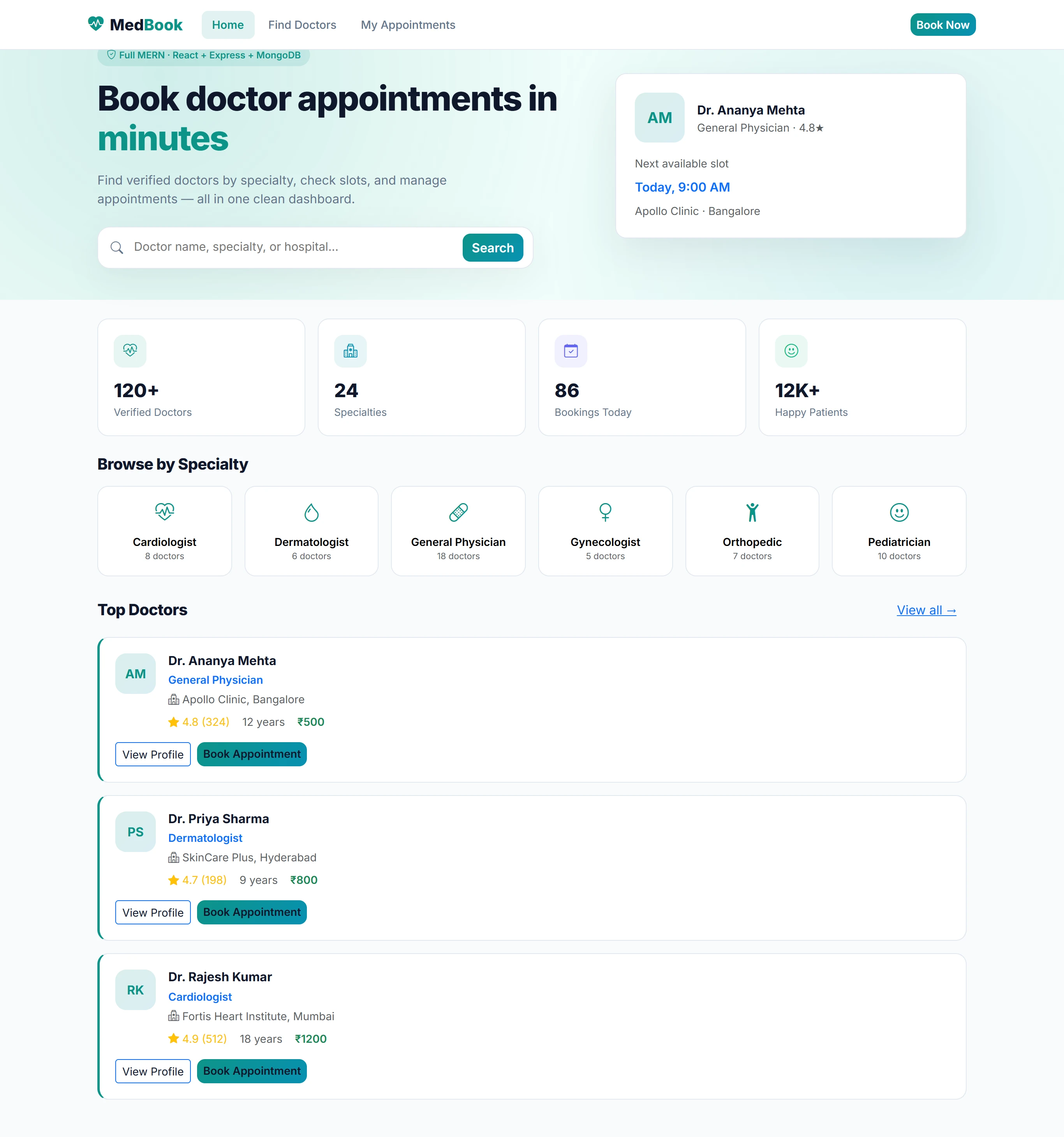Doctor / Hospital Appointment — Full MERN (React + Express + MongoDB)