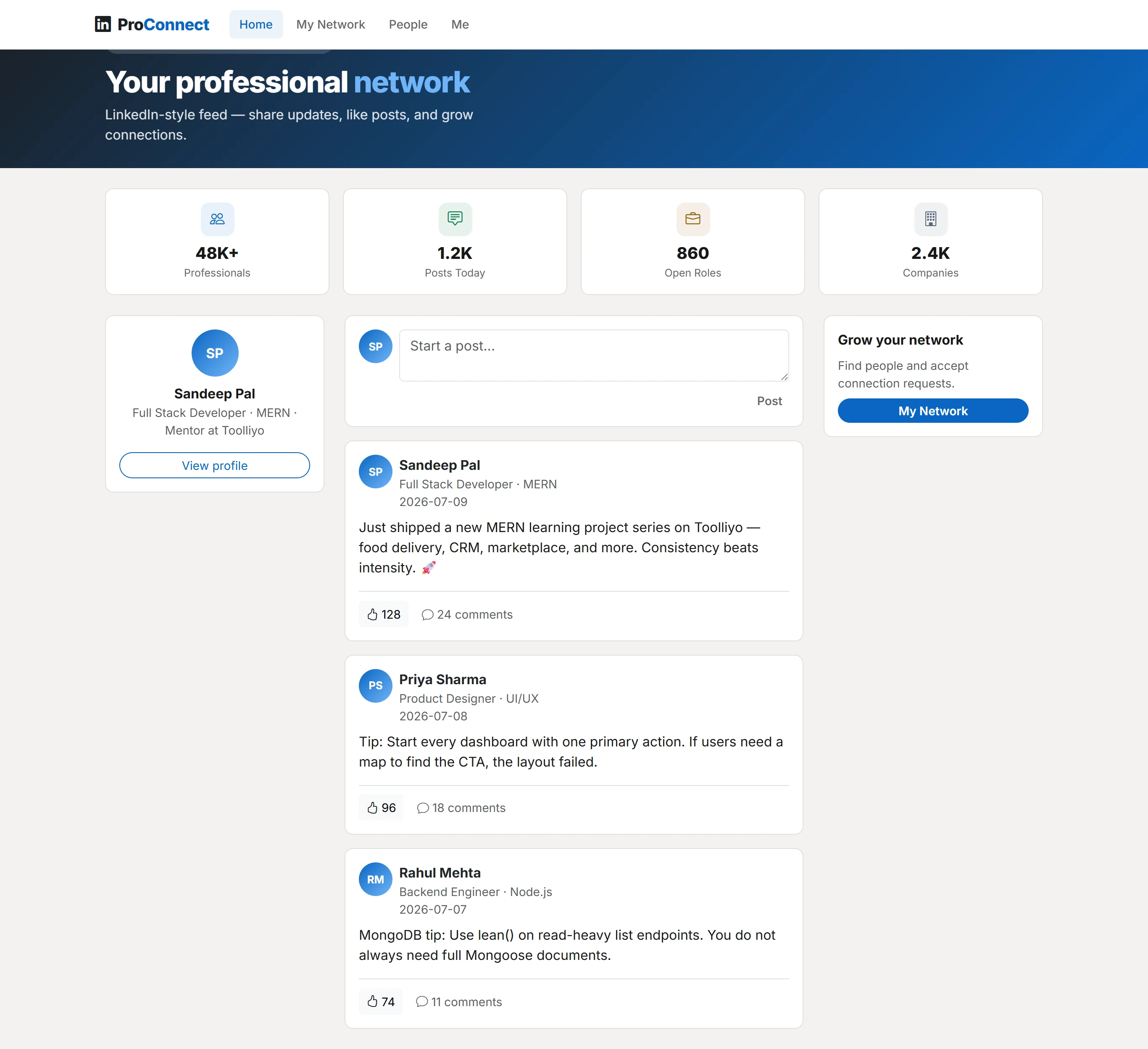 LinkedIn Clone — Full MERN (React + Express + MongoDB)